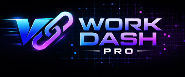 A futuristic, high-tech logo for Work Dash Pro featuring a sleek stylized “W” integrated with a chain-link symbol, representing speed, connectivity, and smart digital workflows. The logo uses a glowing neon gradient of electric blue and violet on a dark ba